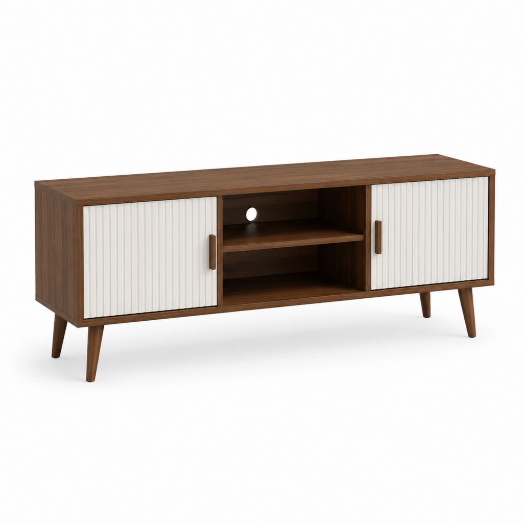 TV Lowboard Walnussbraun Weiß MDF rechteckig mit Schiebetüren 160 x 40 x 65 cm
