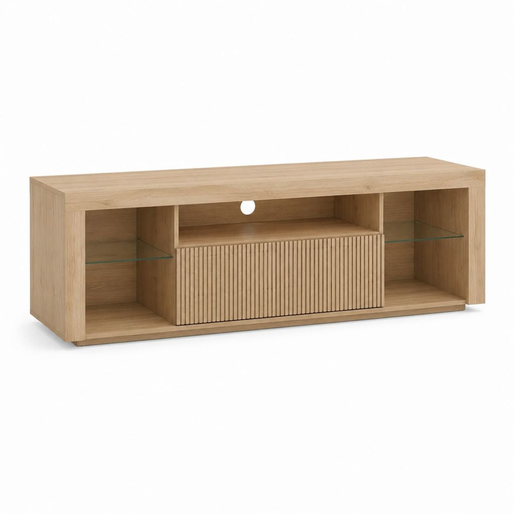 TV Lowboard Eiche Dekor Spanplatte rechteckig mit Glassablagen und Kabeldurchführung 140 x 40 x 50 cm