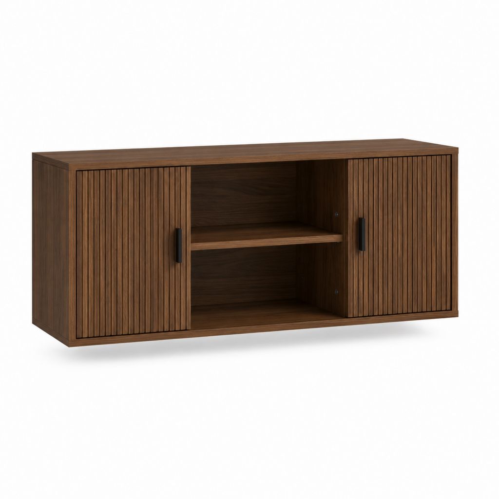 TV Lowboard dunkelbraun aus MDF mit Walnussfurnier rechteckig 160 x 40 x 60 cm mit 2 Schiebetüren und offenem Fach