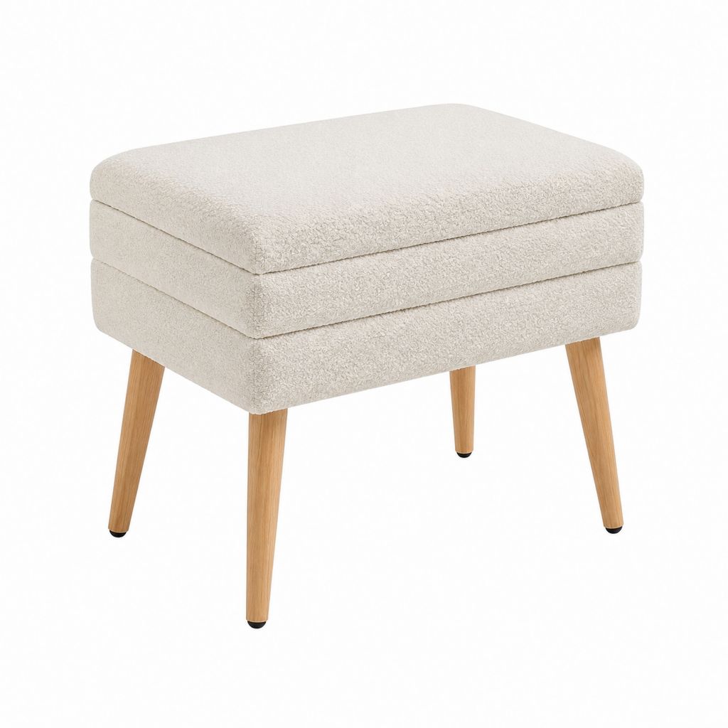 Polsterhocker Creme Bouclé Polyester mit Massivholzbeinen 48 x 48 x 47 cm