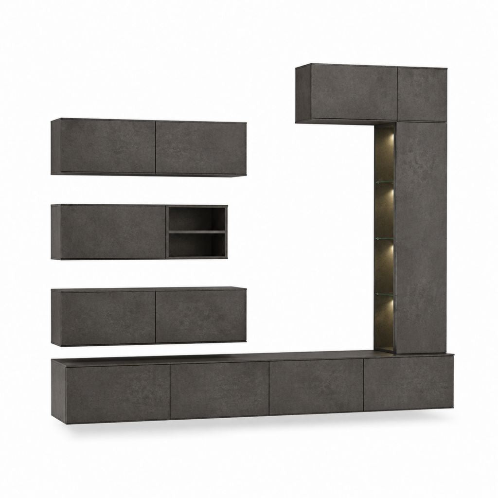 Wohnwand TV-Möbel Set anthrazit Betonoptik Holzwerkstoff 300 x 40 x 200 cm mit LED-Vitrine