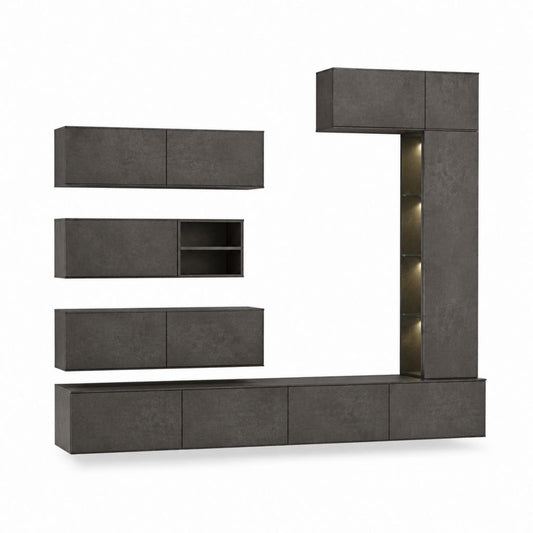 Wohnwand TV-Möbel Set anthrazit Betonoptik Holzwerkstoff 300 x 40 x 200 cm mit LED-Vitrine