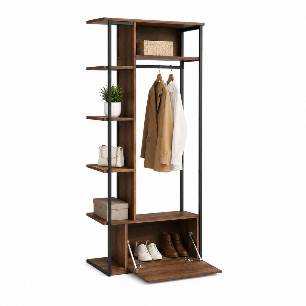 Offener Kleiderschrank Garderobenregal in Braun Schwarz aus Spanplatte und Stahl 100 x 40 x 180 cm