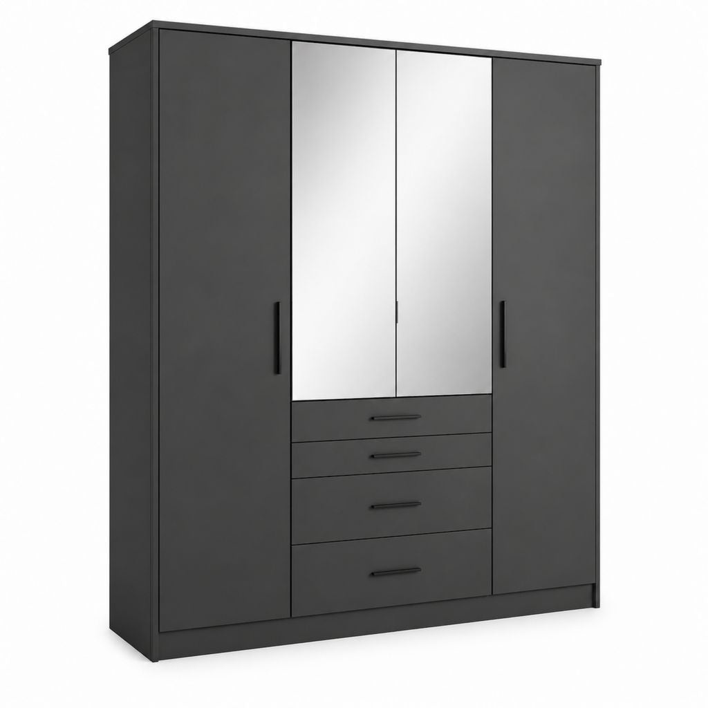 Drehtürenschrank Anthrazit mit Spiegeln Spanplatte 180 x 52 x 200 cm 4 Türen 4 Schubladen