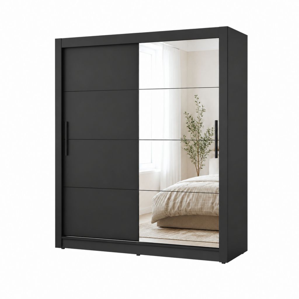 Schwebetürenschrank Schwarz aus melaminharzbeschichteter Spanplatte rechteckig mit Spiegel 150 x 60 x 200 cm