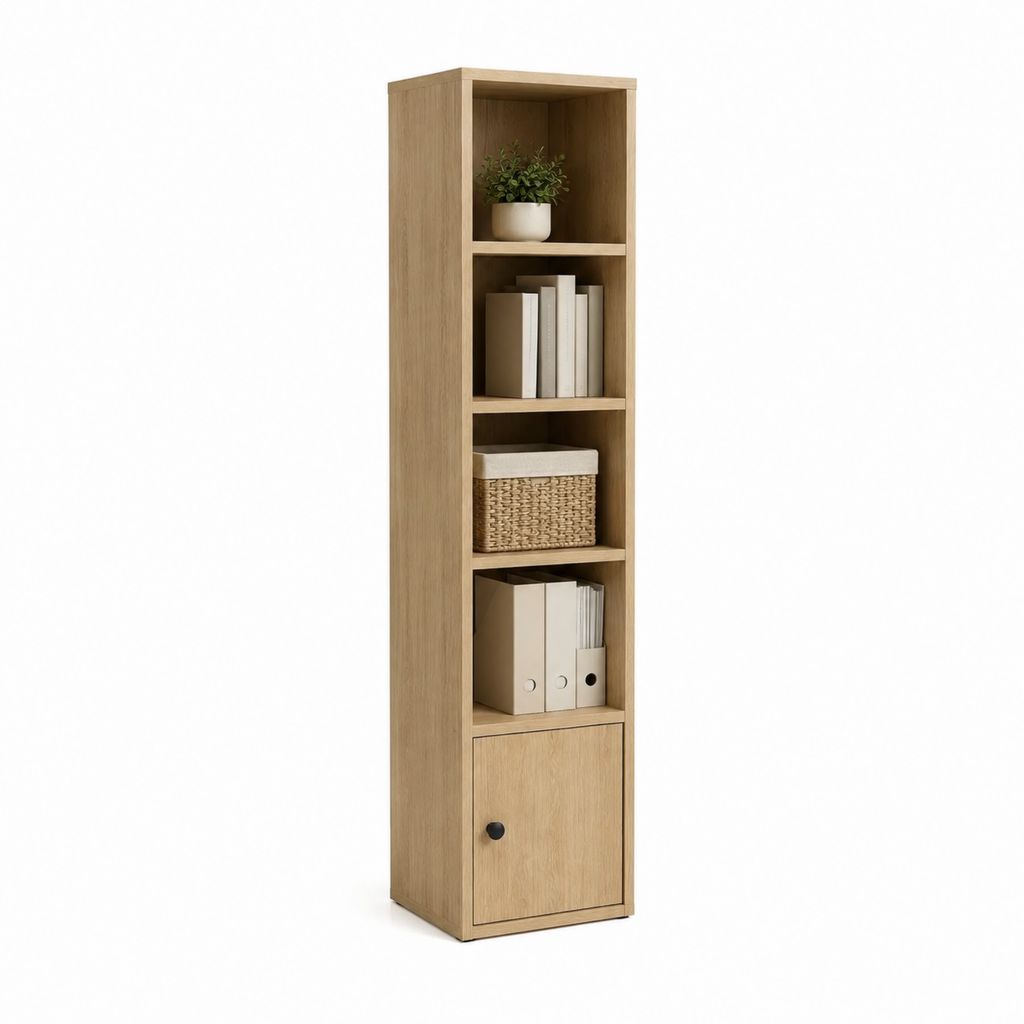 Hohes Bücherregal Eiche-Optik aus Spanplatte rechteckig 180 x 40 x 30 cm mit 4 offenen Fächern und Tür