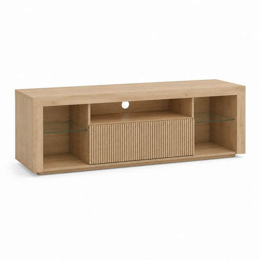 TV Lowboard Eiche Dekor Spanplatte rechteckig mit Glassablagen und Kabeldurchführung 140 x 40 x 50 cm